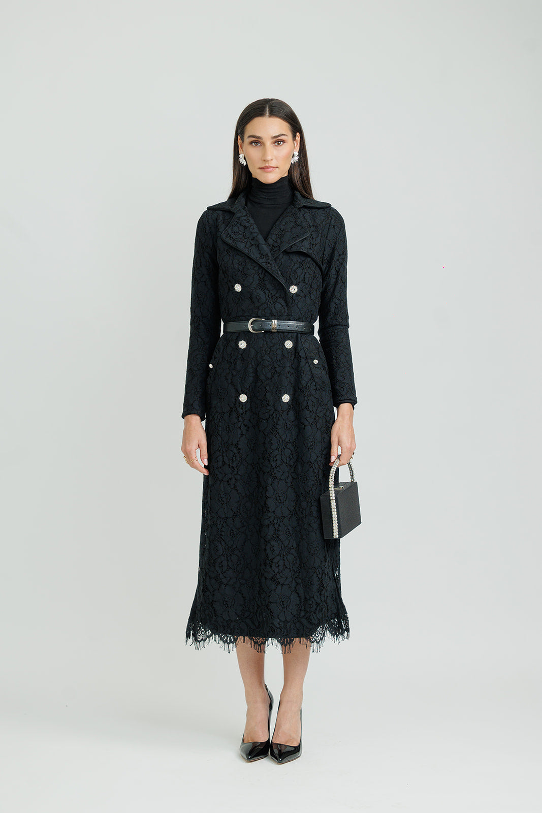 Belted Lace Blazer Dress – Black Medium