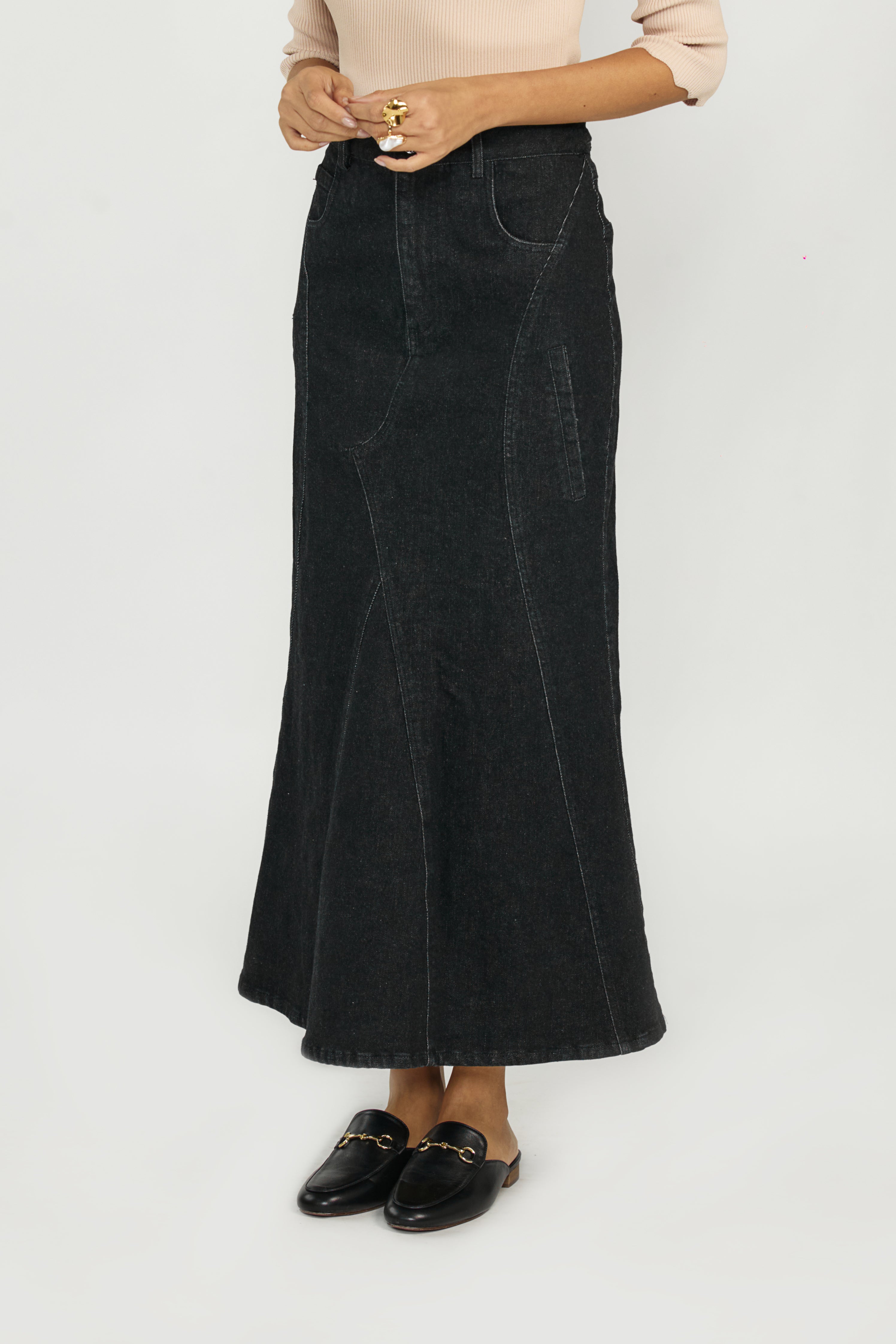 Tailored Flare Denim Skirt