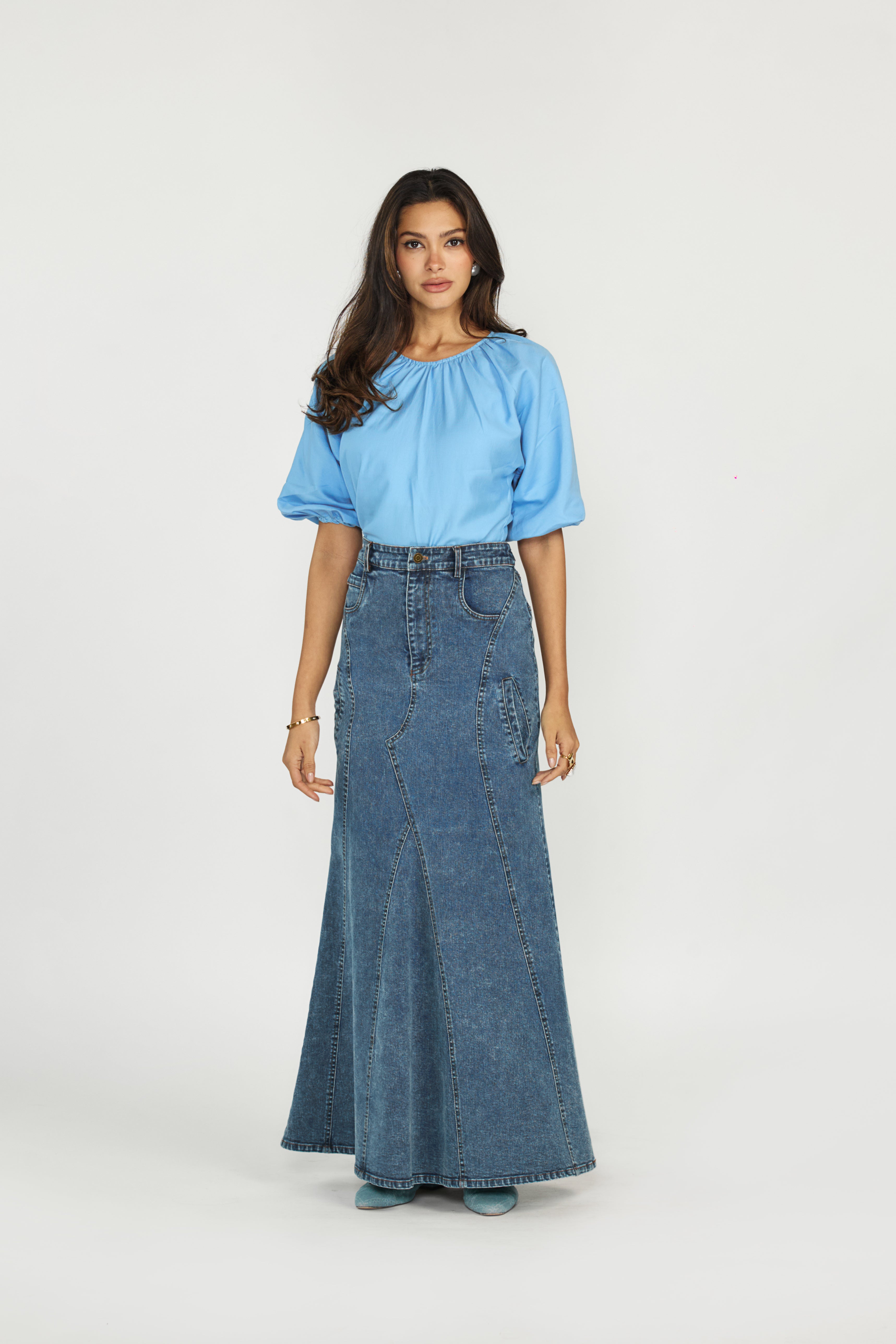 Tailored Flare Denim Skirt