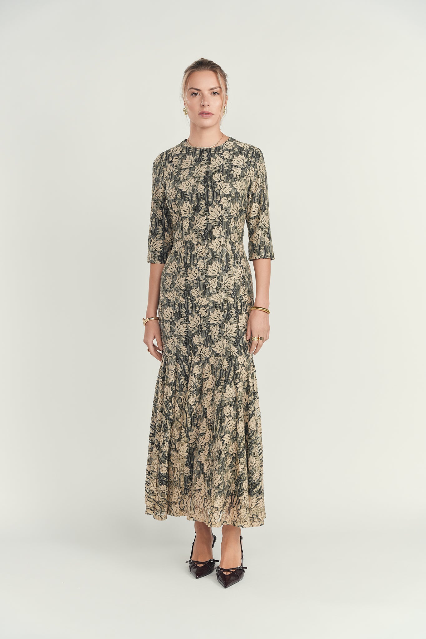 Lace Cascade Maxi Dress- Black & Cream Small Lace Cascade Maxi Dress- Black & Cream Small