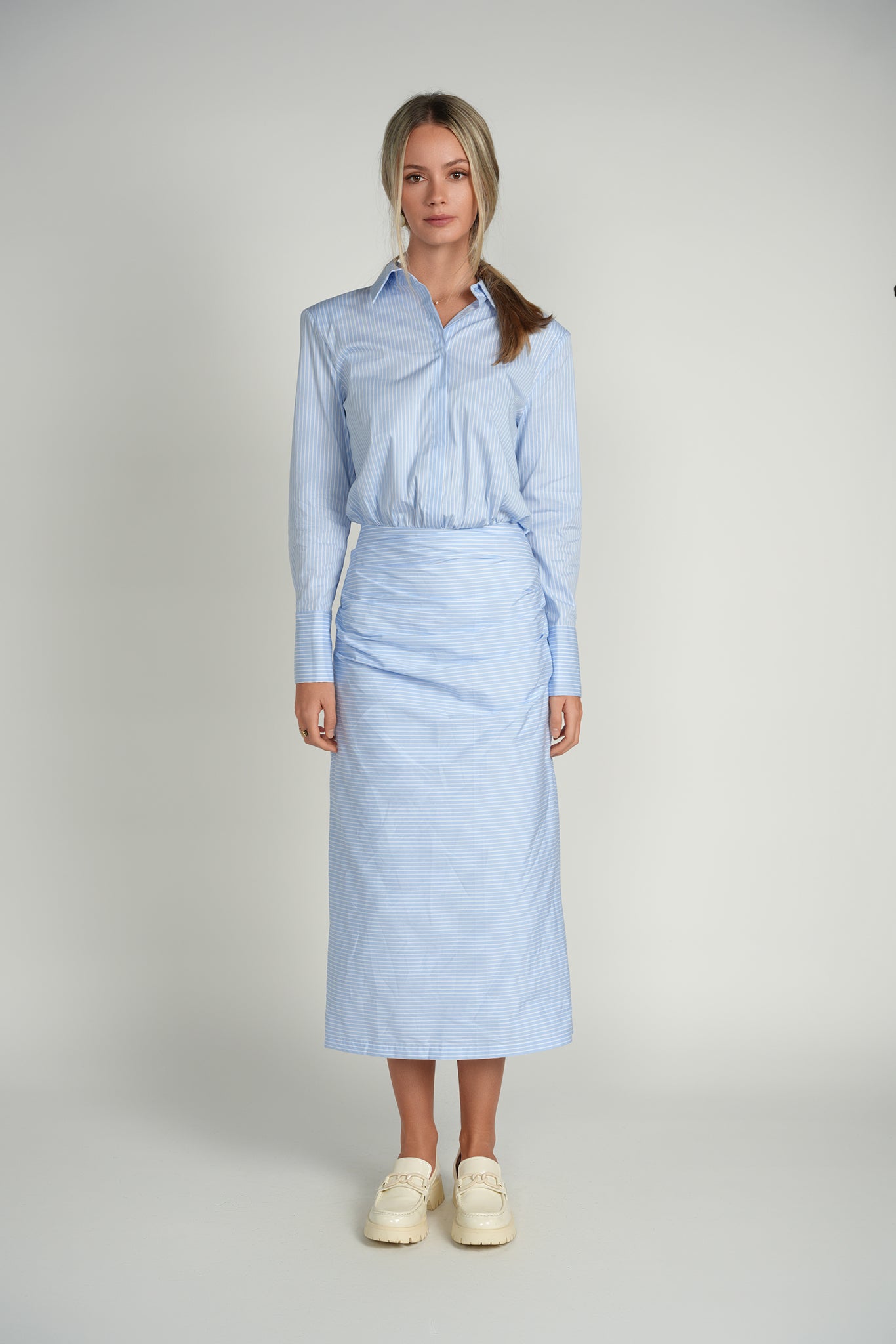 striped ruched dress Striped Sleeveless Midi Dress