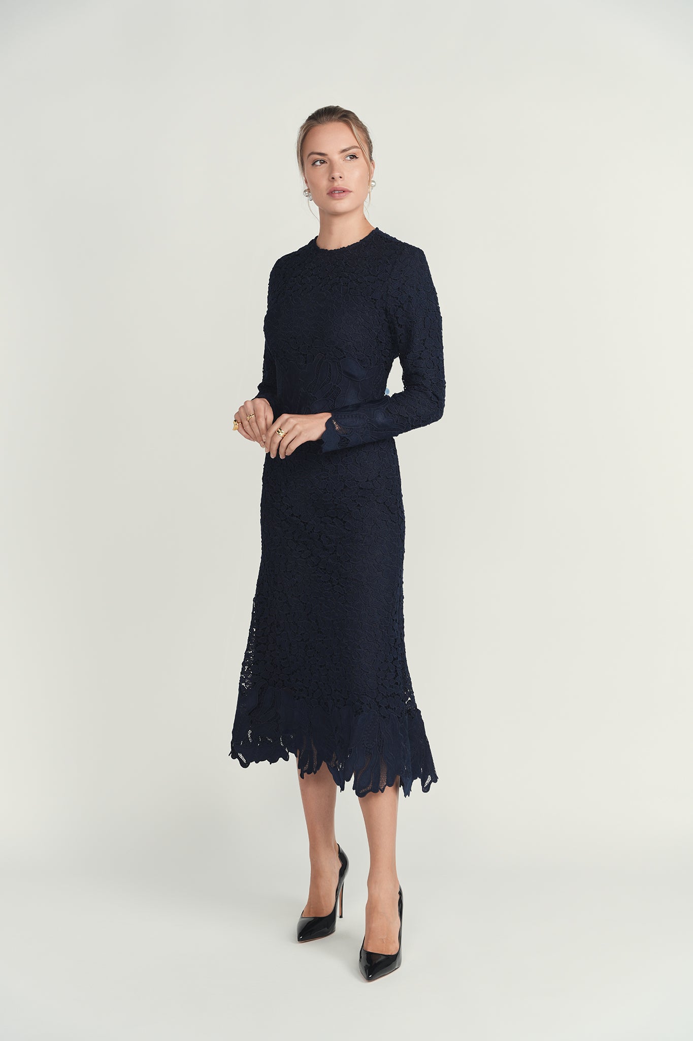 Lace Flare Midi Dress - Navy