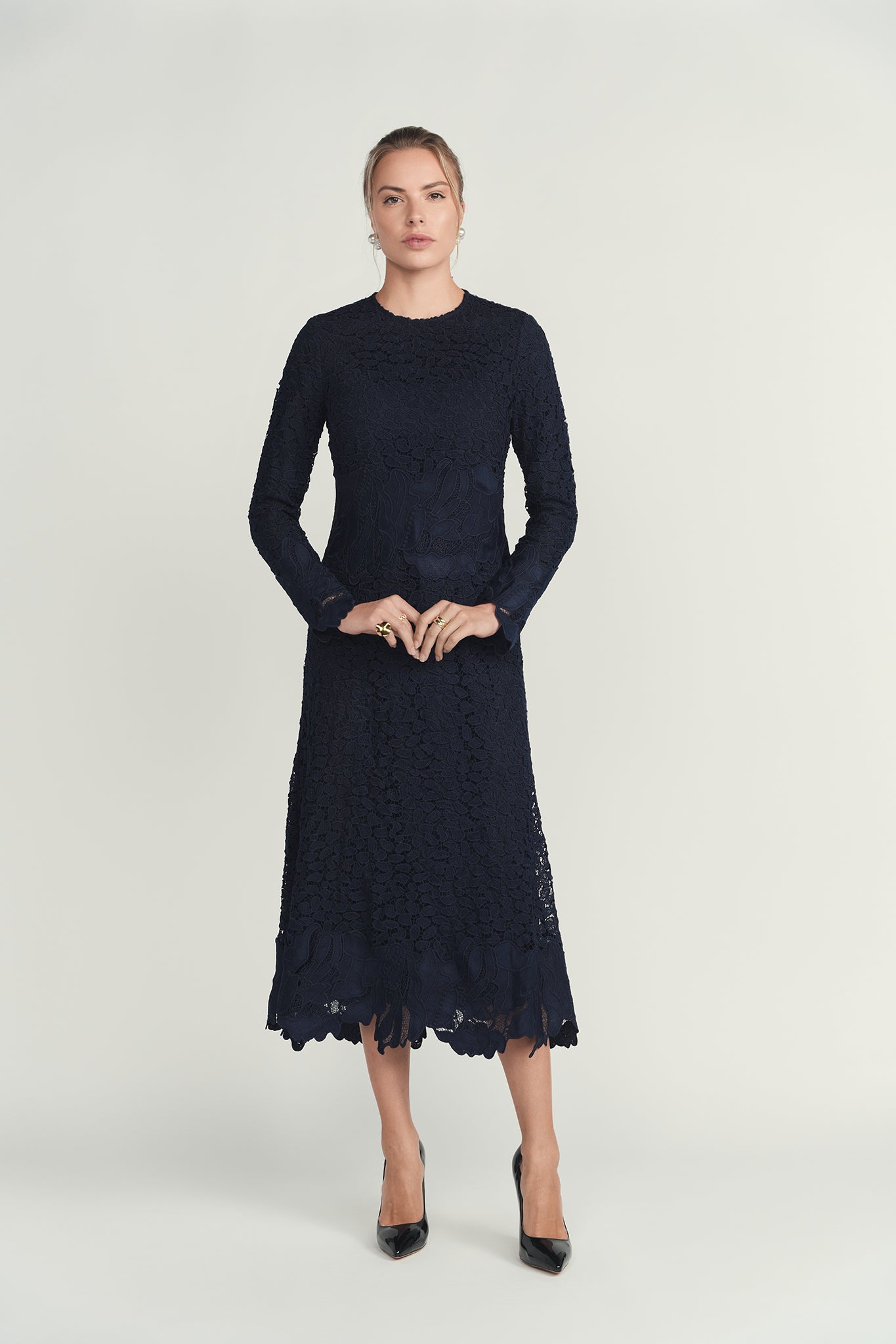 Lace Flare Midi Dress - Navy
