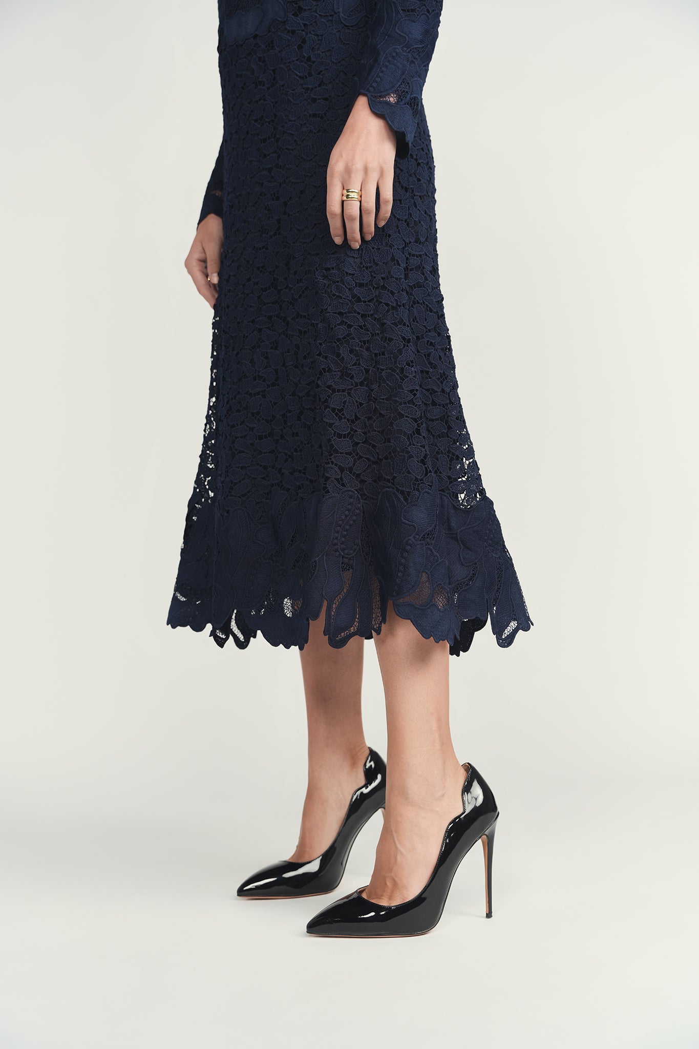Lace Flare Midi Dress - Navy