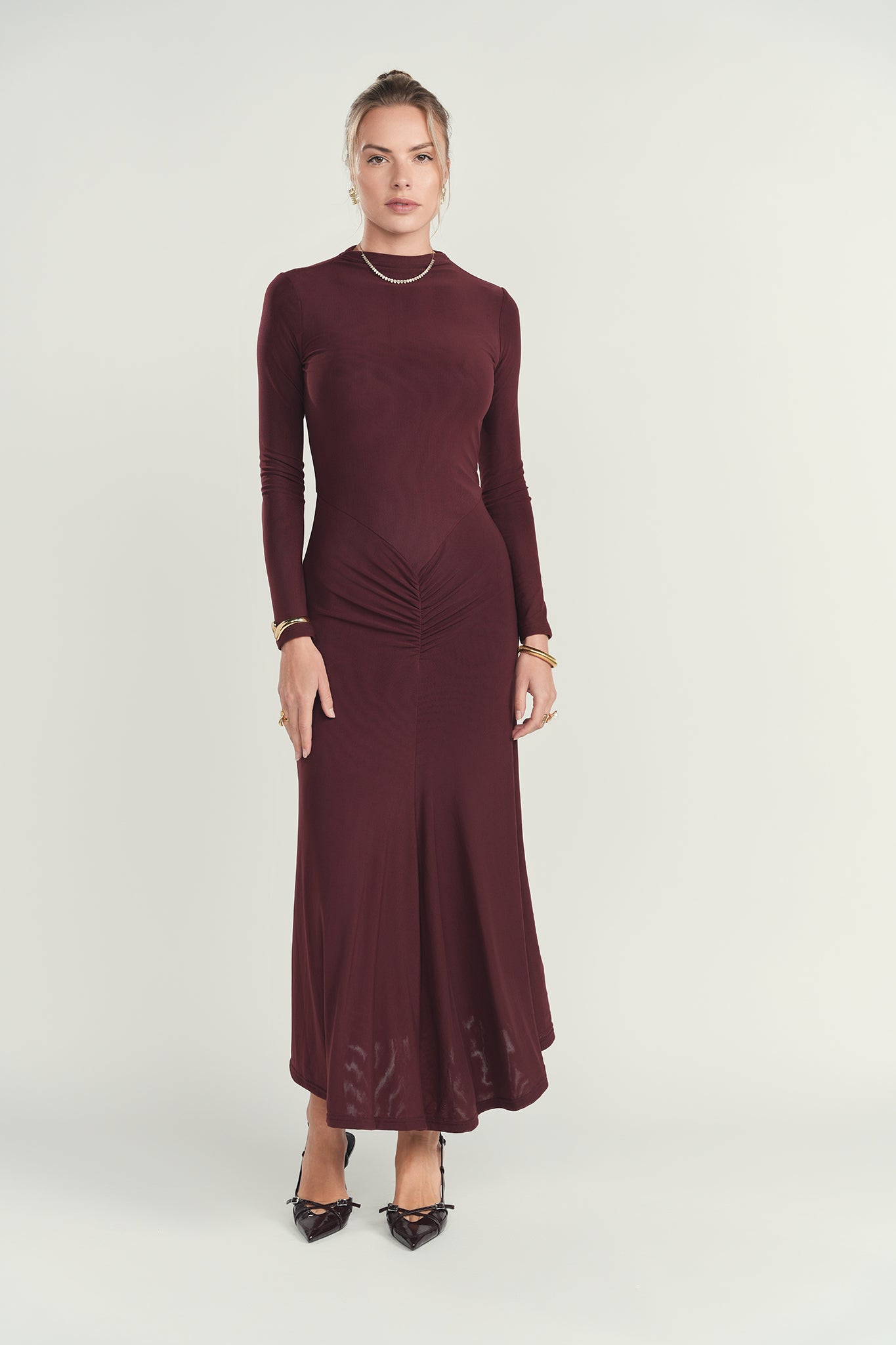 Maroon Ruched Maxi Dress
