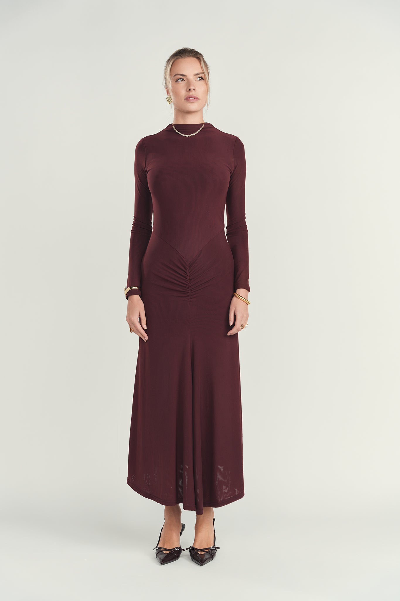 Maroon Ruched Maxi Dress