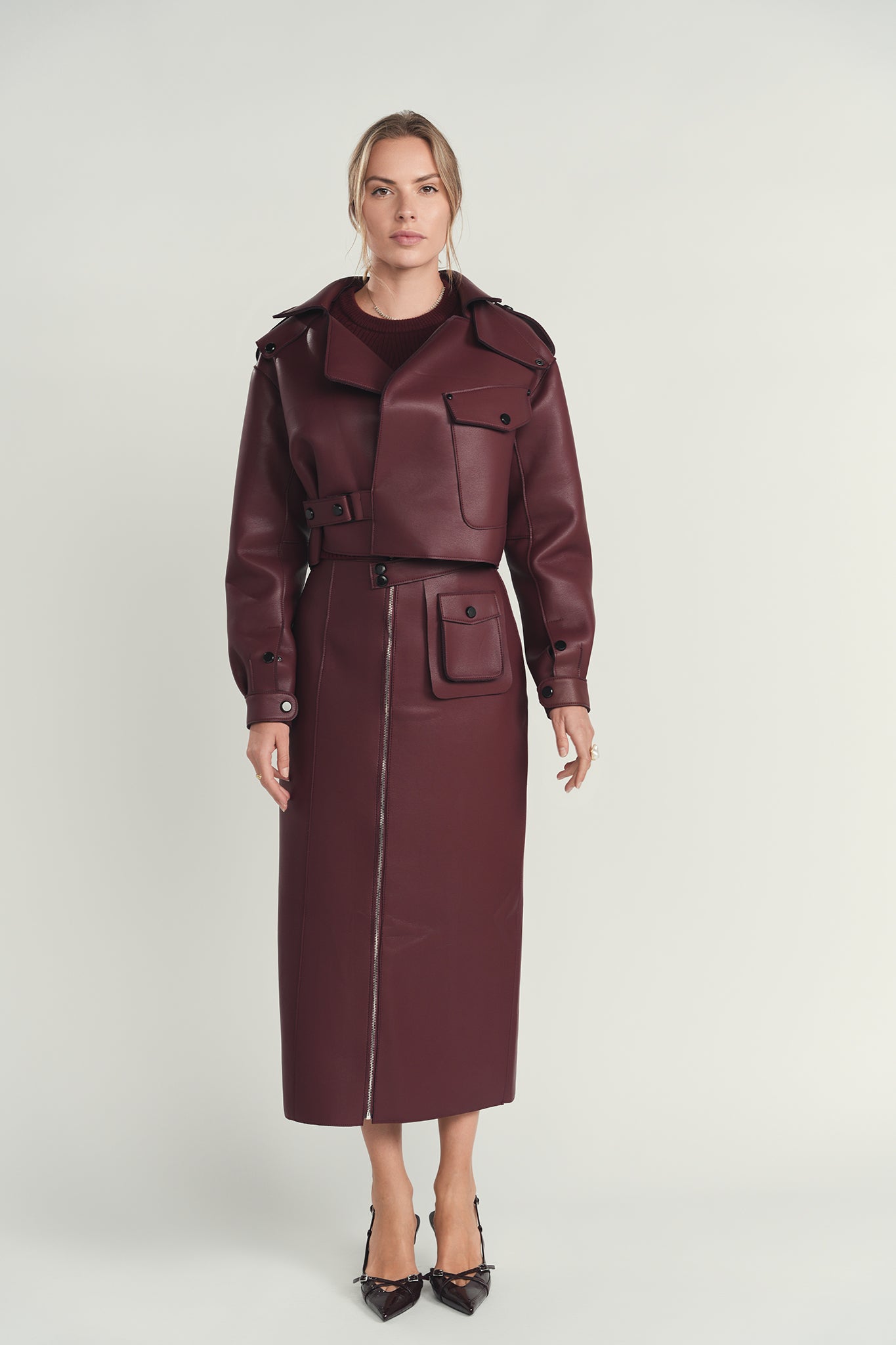 Maroon Structured Leather Skirt