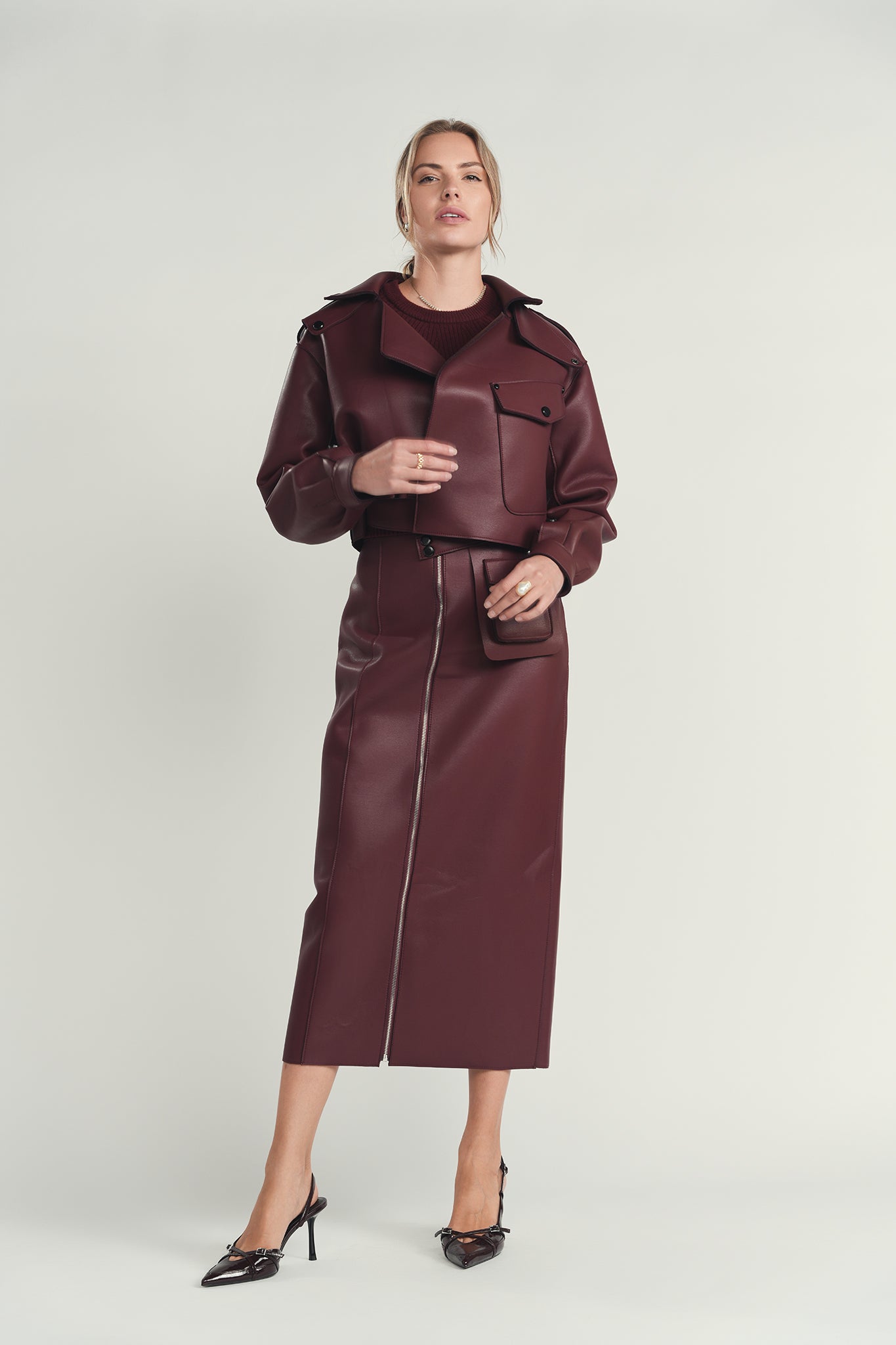 Maroon Structured Leather Skirt
