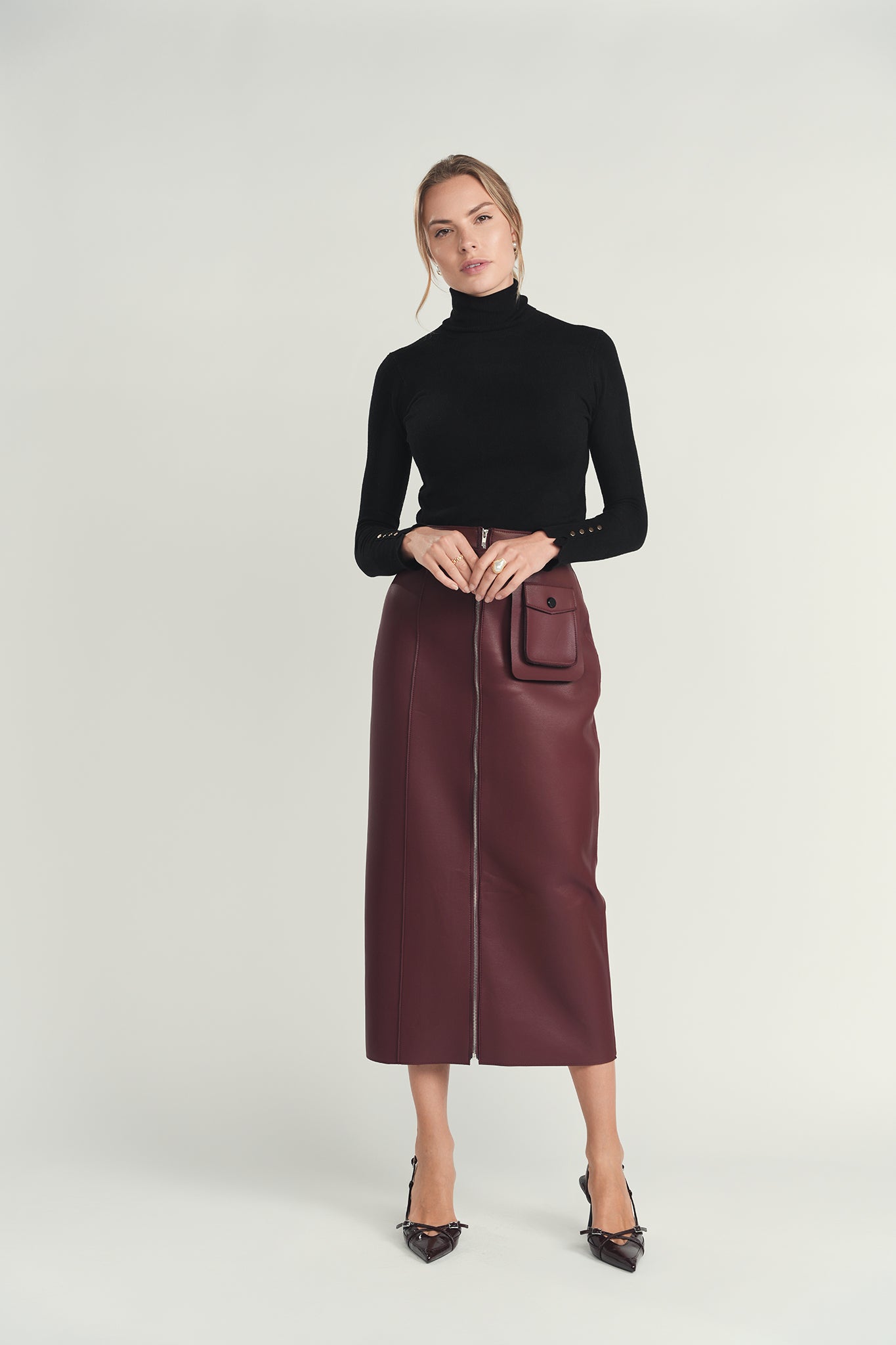 Maroon Structured Leather Skirt