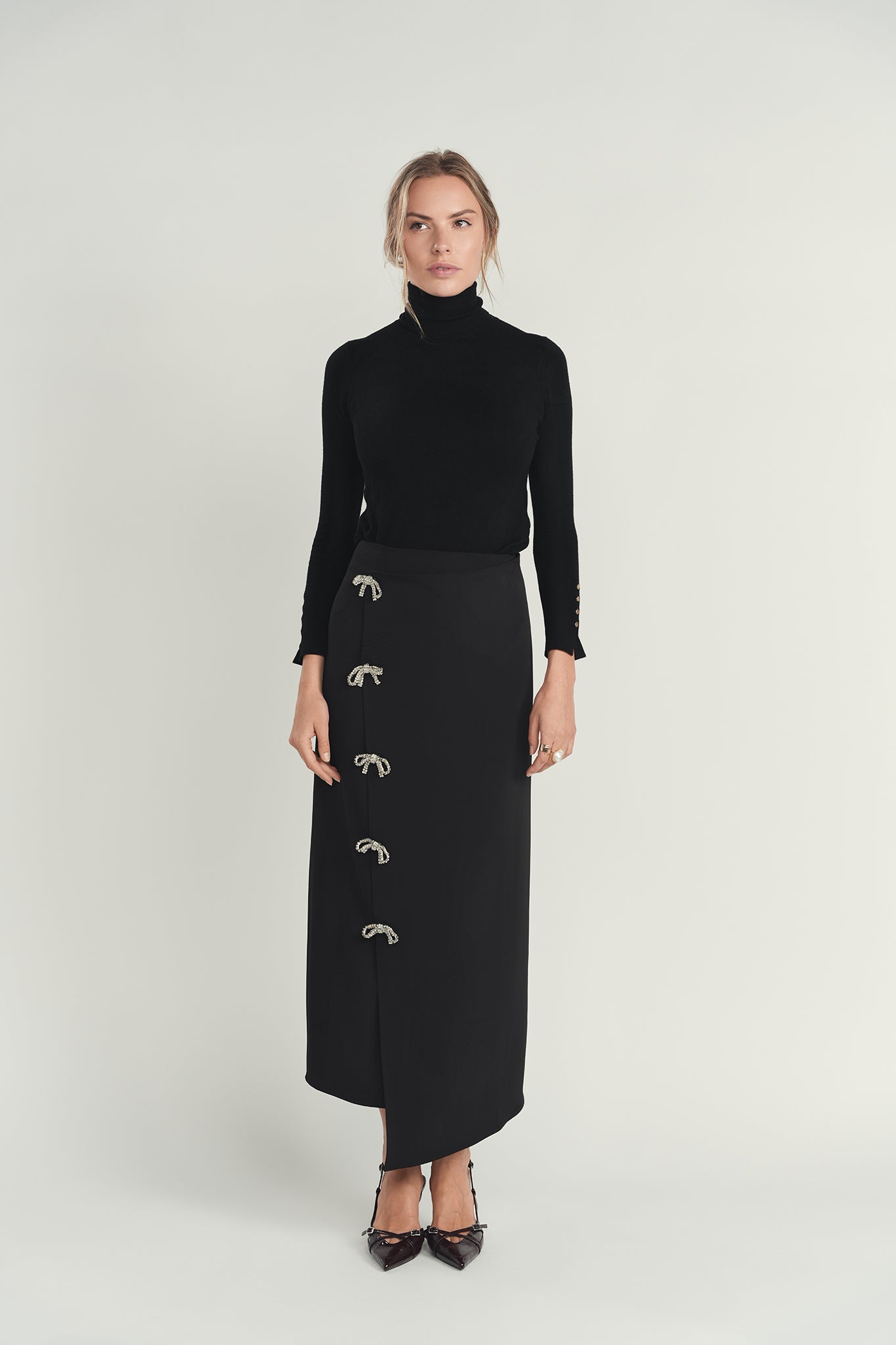 Rhinestone Bow Midi Skirt