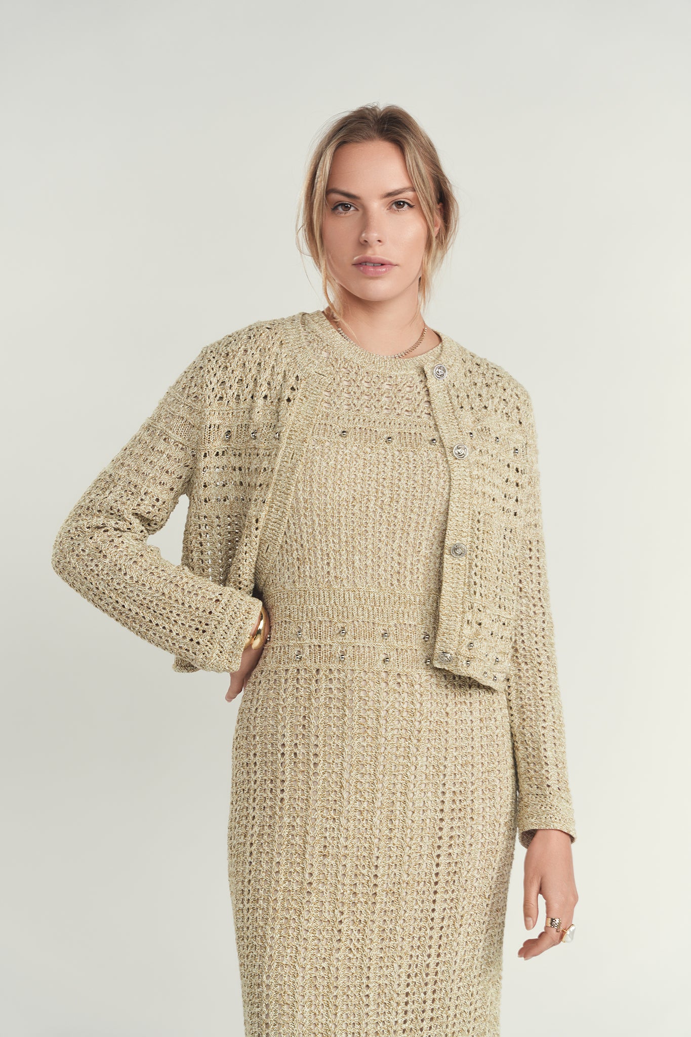 beige knit dress Shimmer Knit Dress & Cardigan
