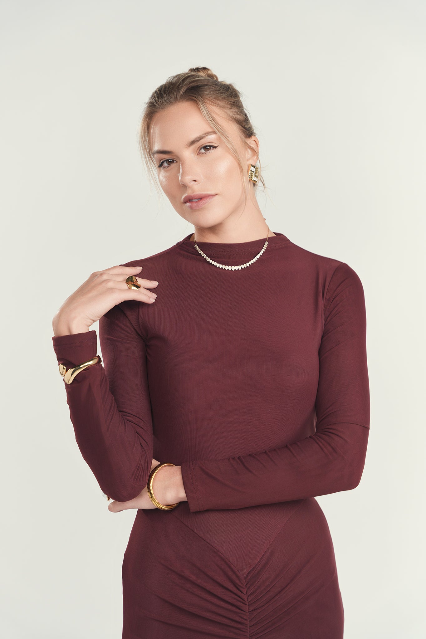 Maroon Ruched Maxi Dress