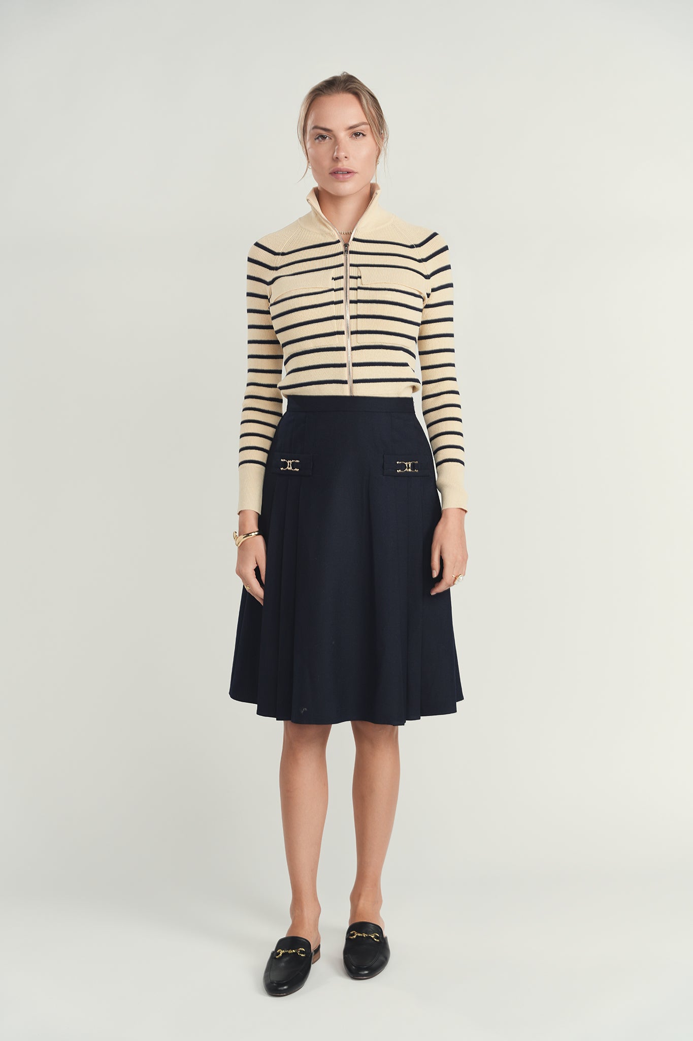 Wool Pleated Skirt- Navy
