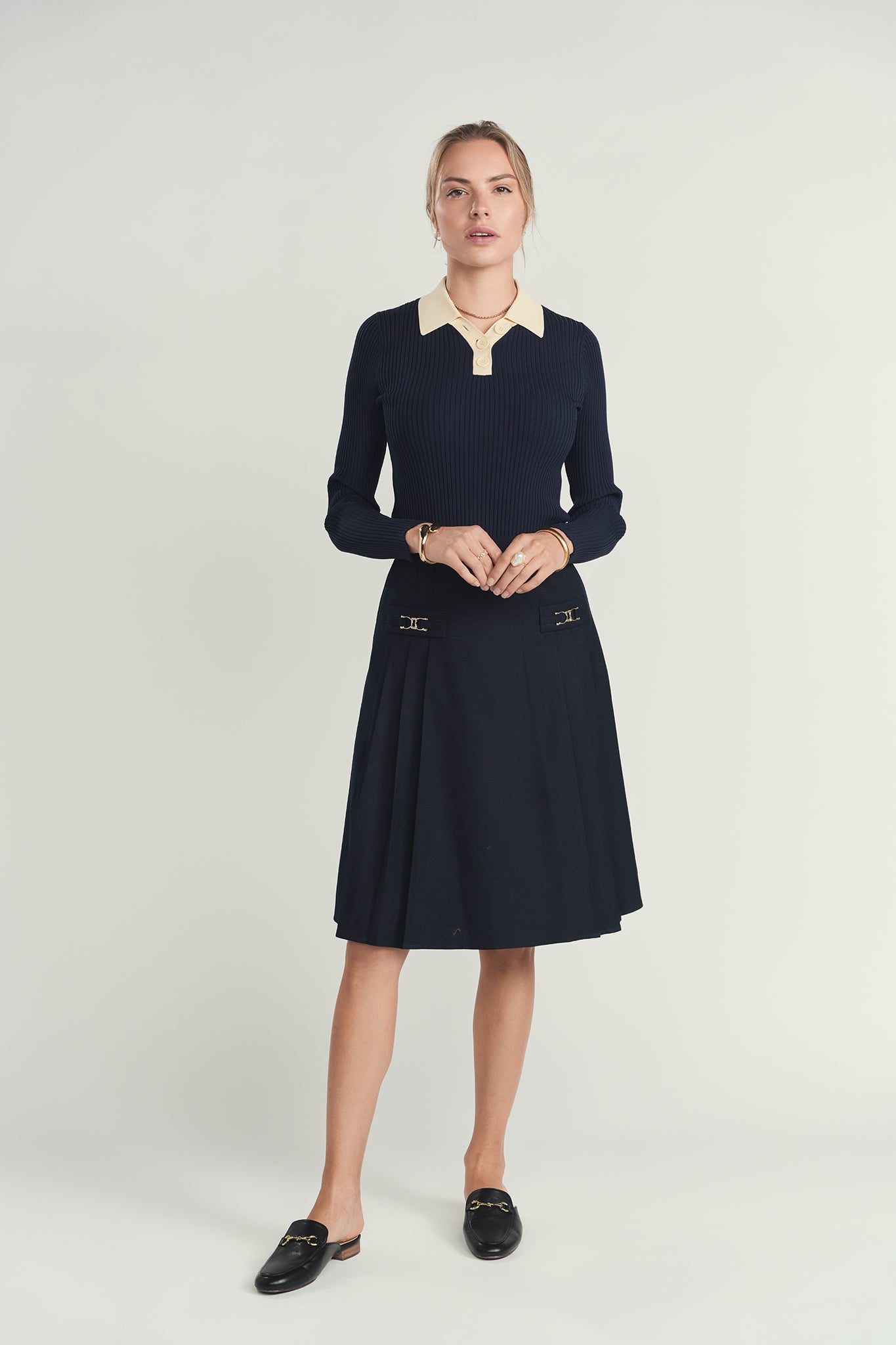 Wool Pleated Skirt- Navy