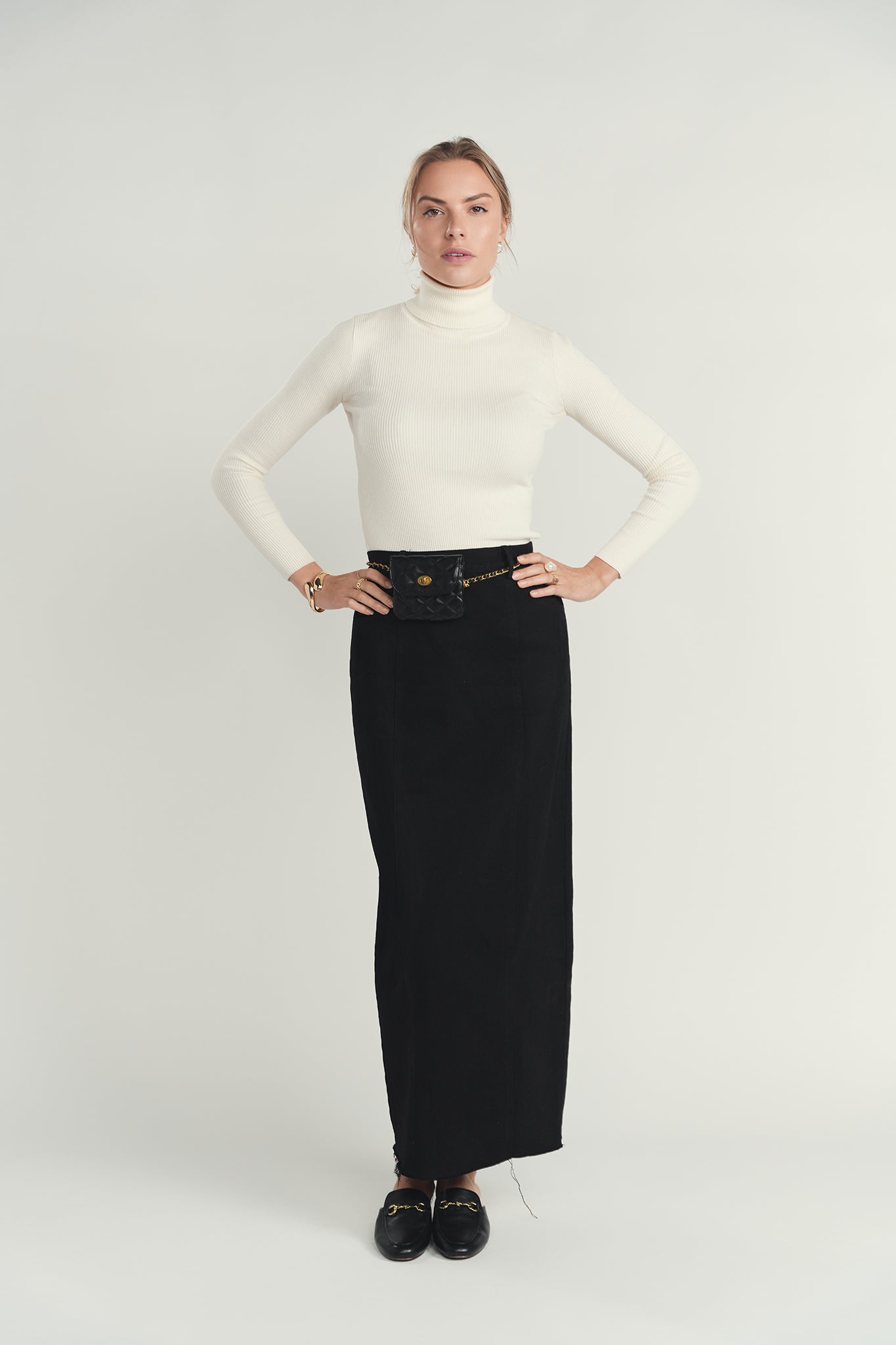 Straight Panel Denim Skirt - Black