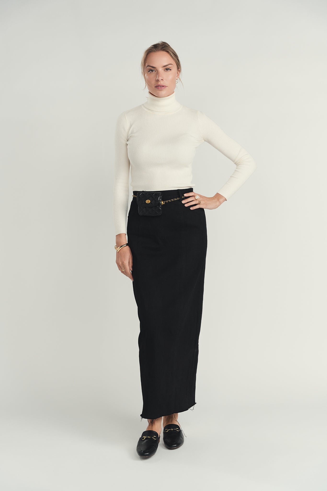 Straight Panel Denim Skirt - Black