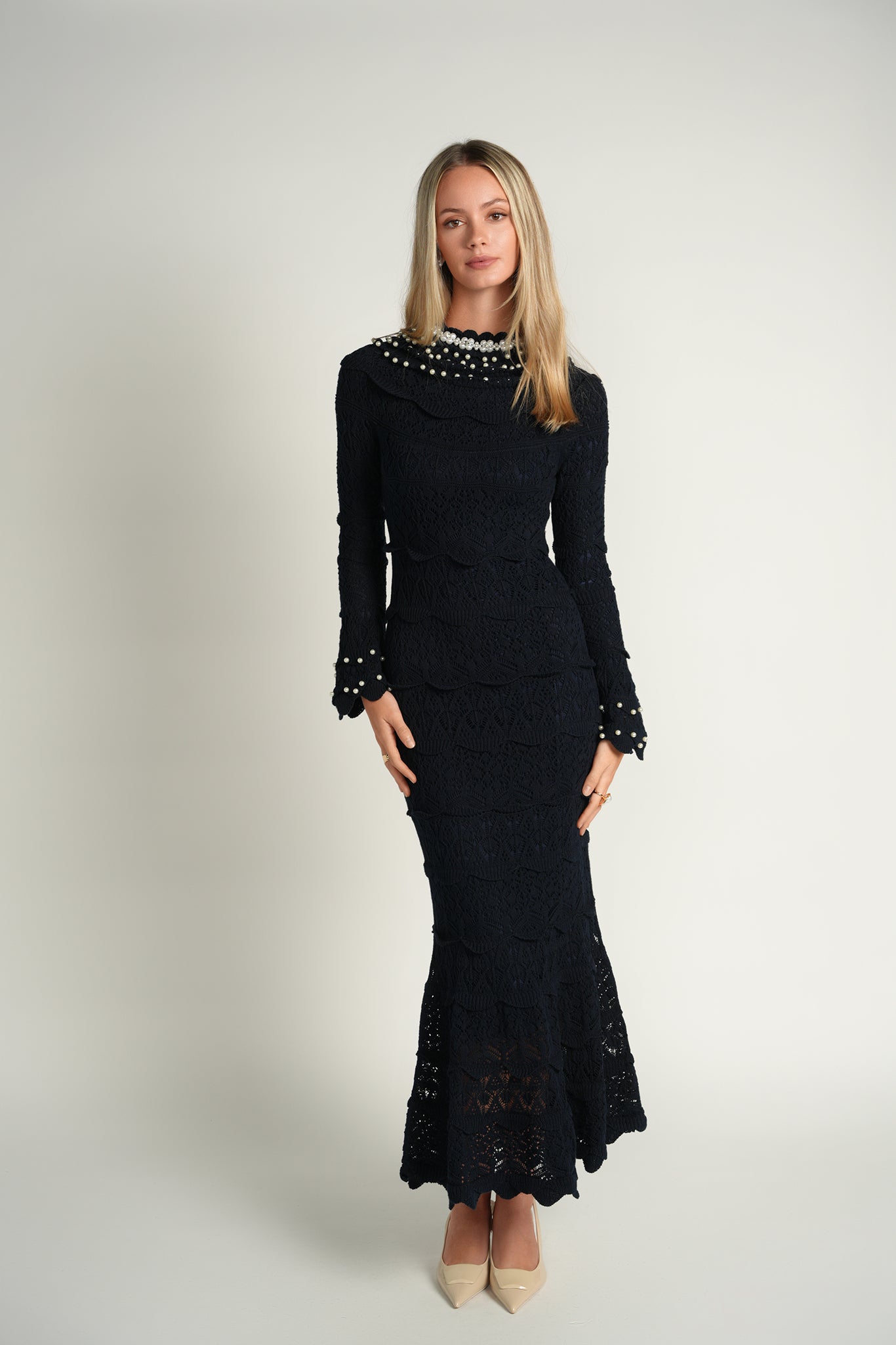 Pearl Knit Midi Dress – Navy