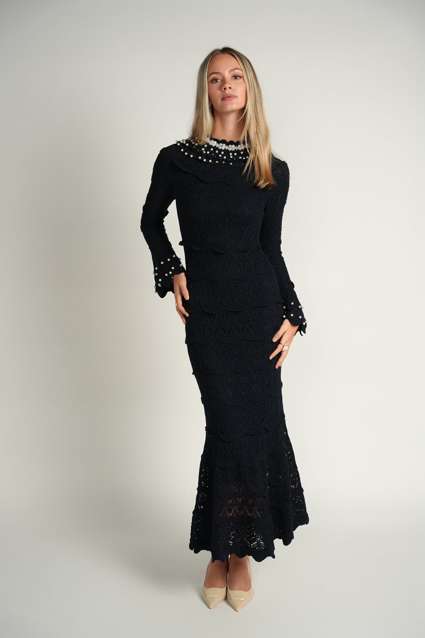Pearl Knit Midi Dress – Navy