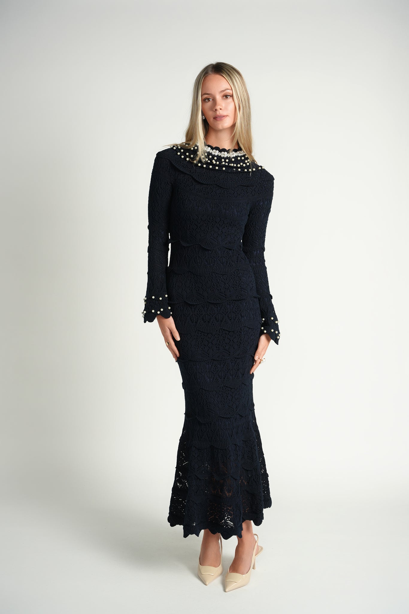 Pearl Knit Midi Dress – Navy