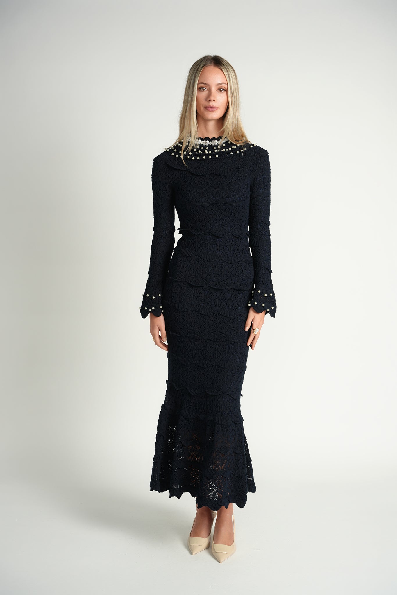 Pearl Knit Midi Dress – Navy