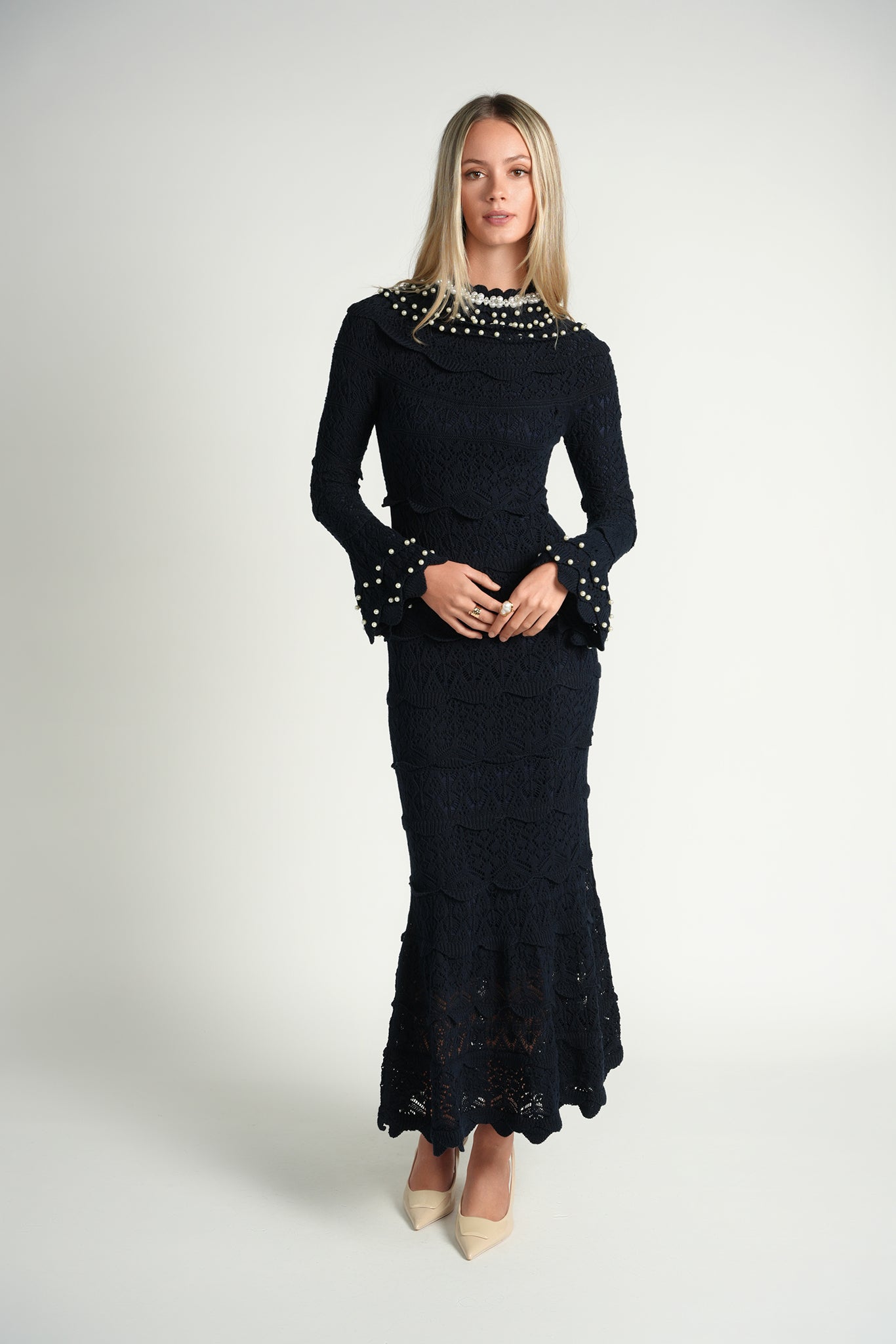 Pearl Knit Midi Dress – Navy