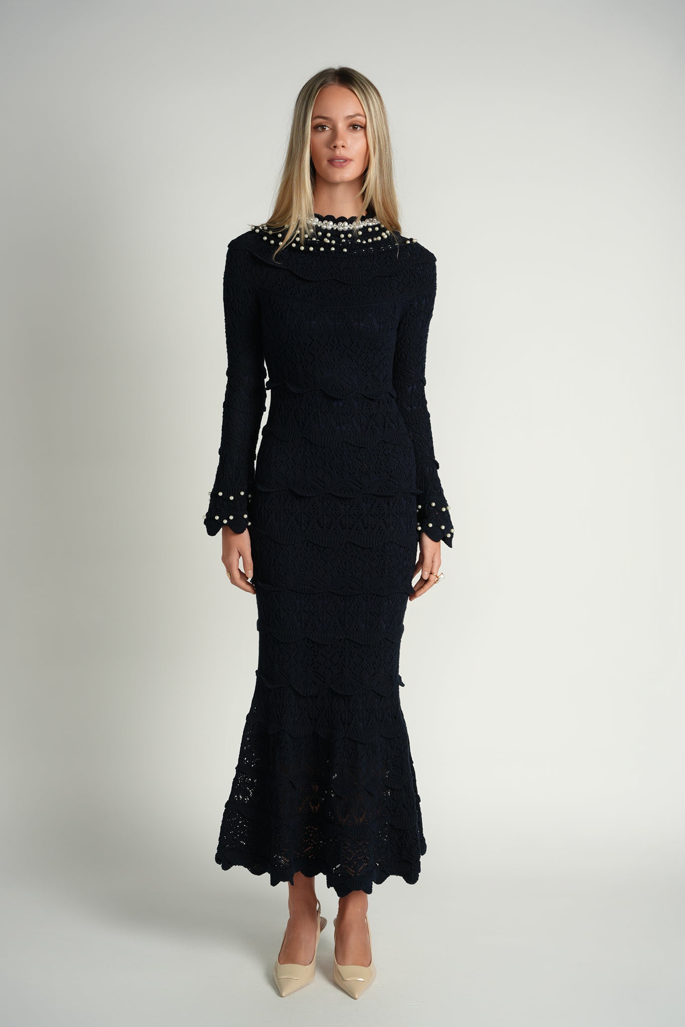 Pearl Knit Midi Dress – Navy