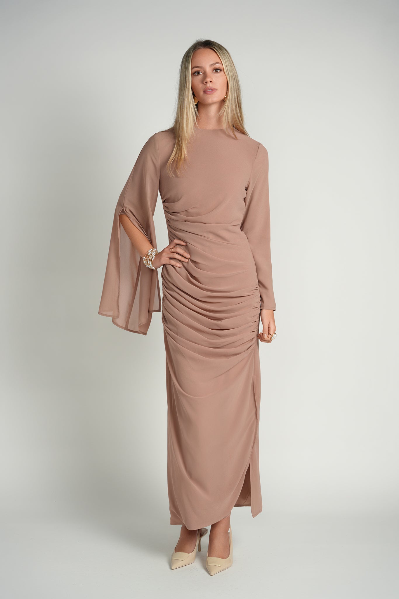 Ruched Cape Sleeve Dress
