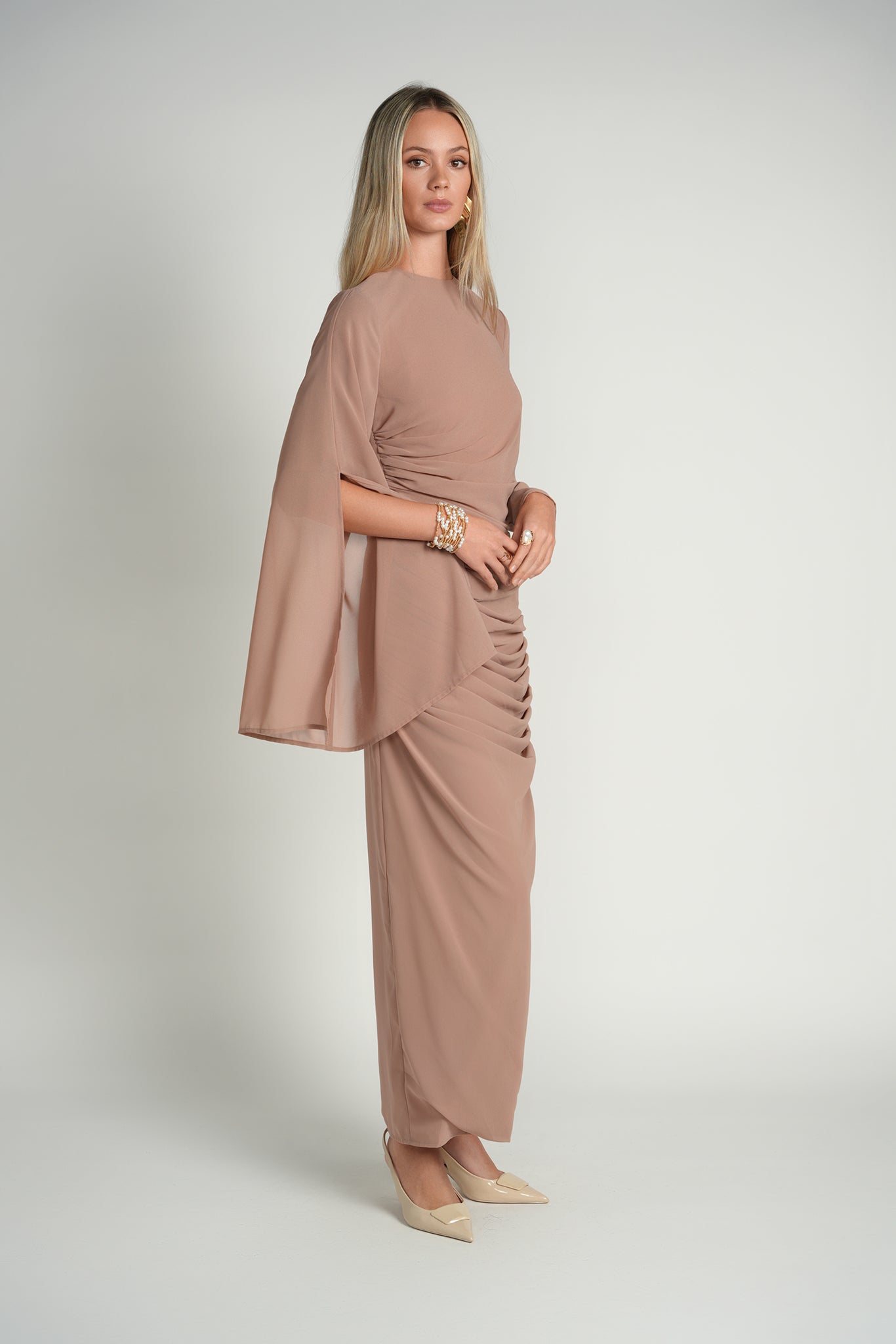 Ruched Cape Sleeve Dress