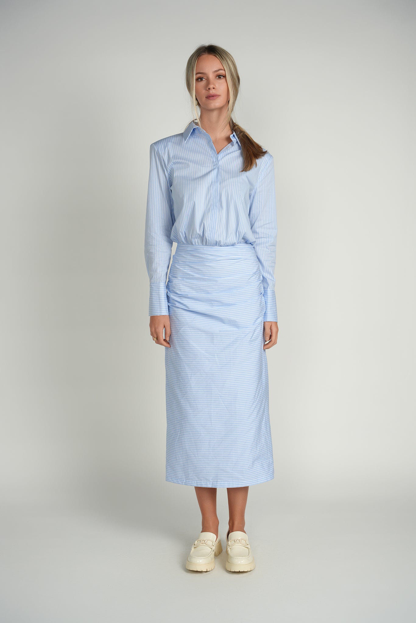 Striped Ruched Dress – Sky Blue