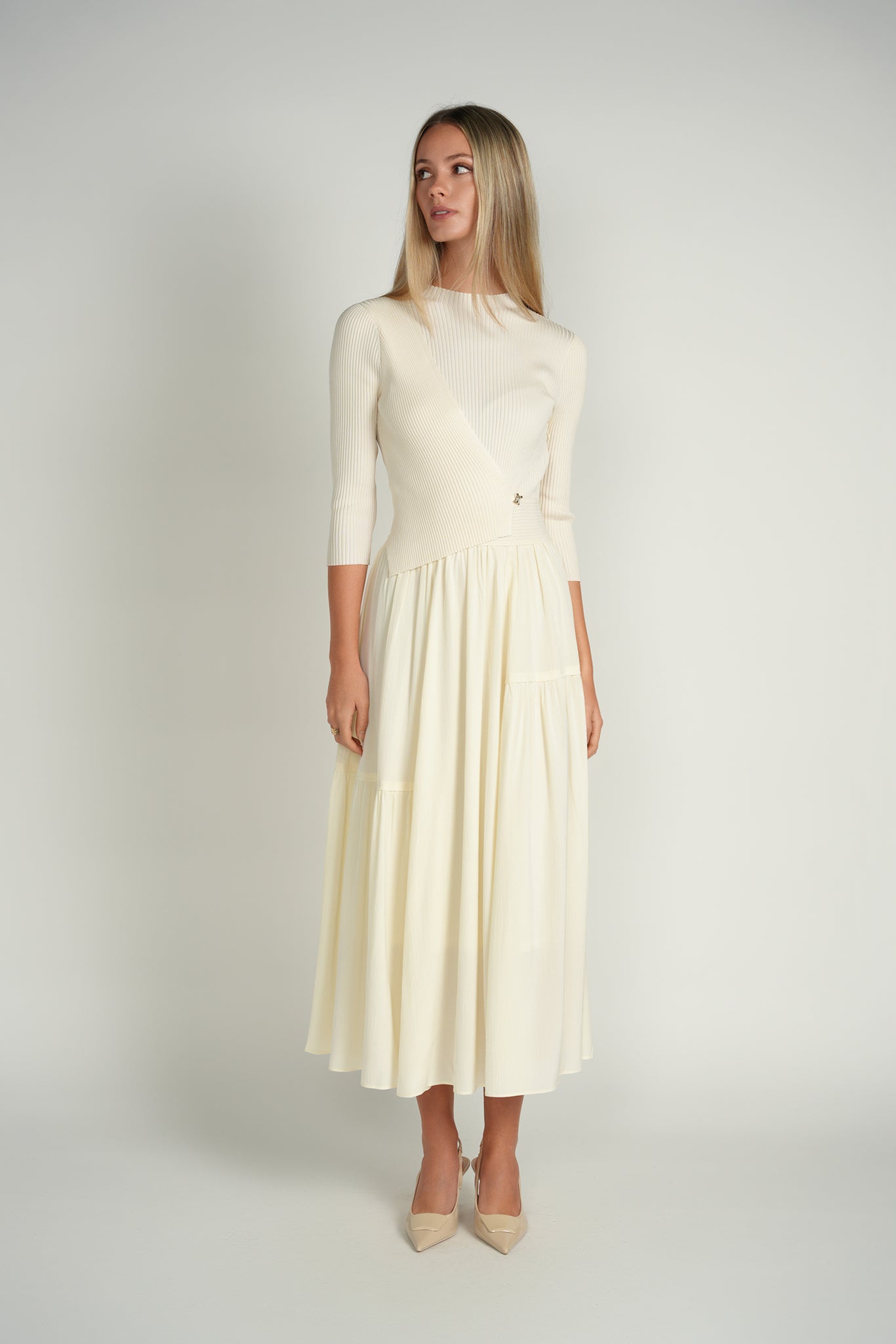 Contrast Knit Midi Dress – Ivory