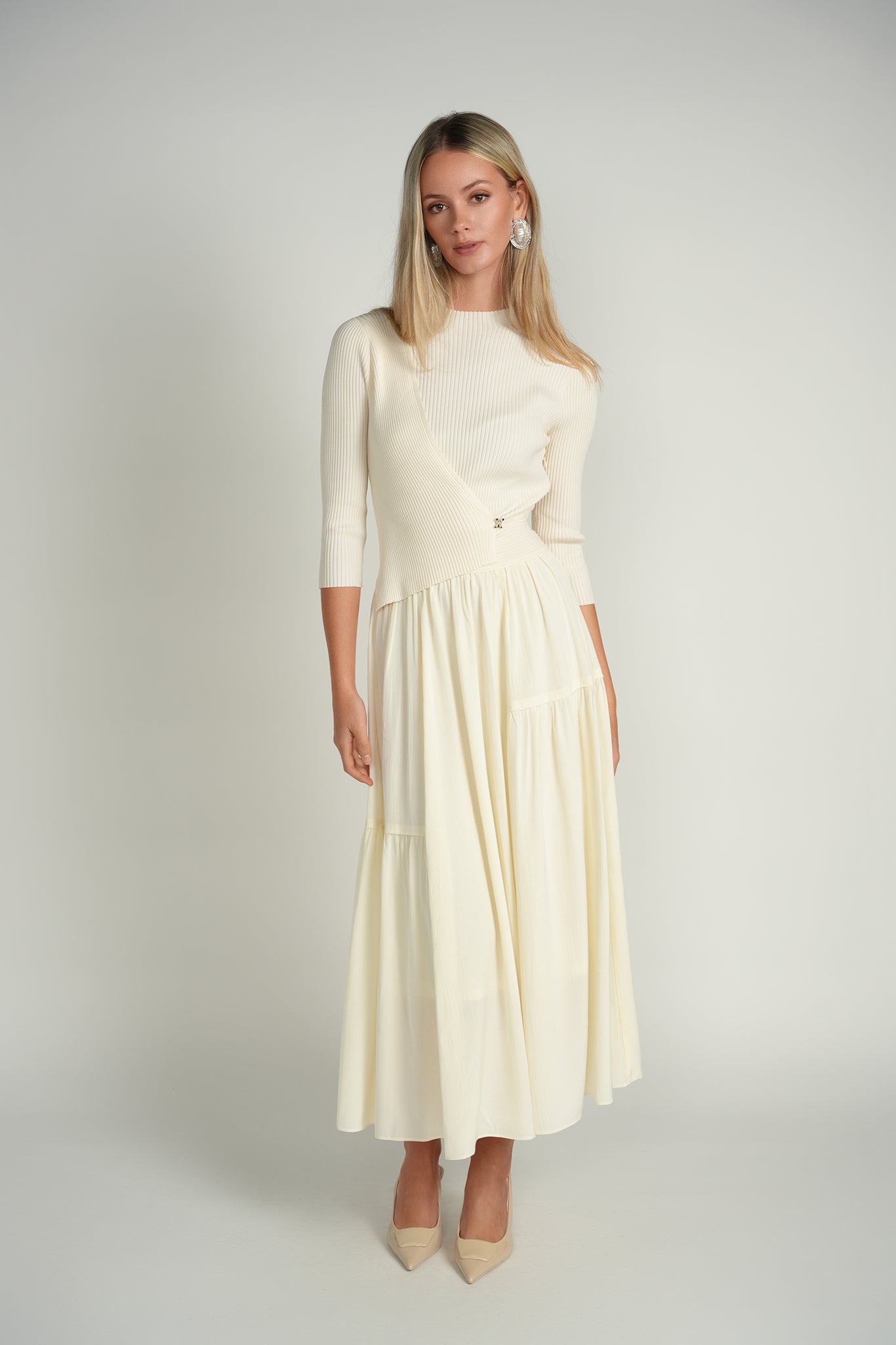 Contrast Knit Midi Dress – Ivory